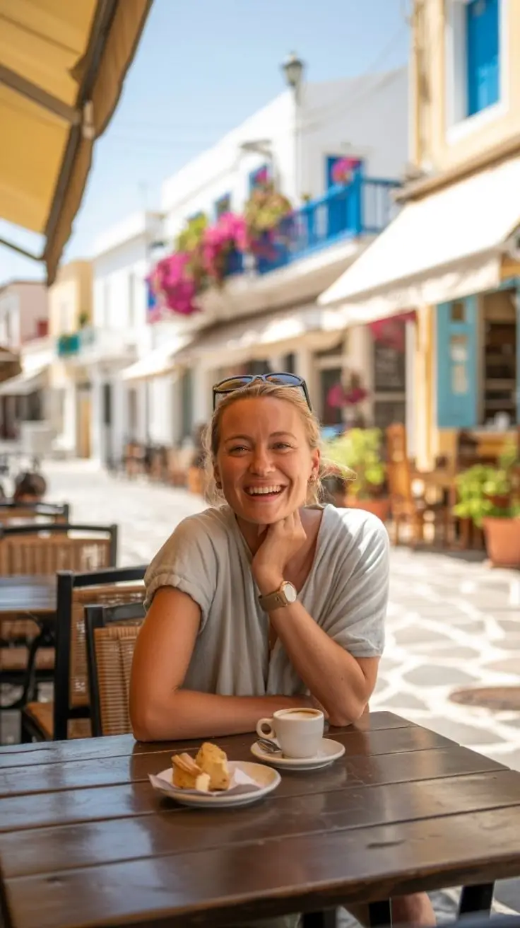 tourist at a cafe in Katakolon on a sunny day