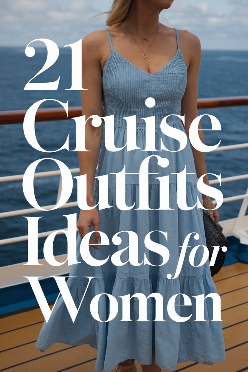 A photo of a lady wearing a blue summer dress. She is standing on a ship deck. There is a large text overlay with the words "21 Cruise Outfits Ideas for Women". The background contains the ship's railing and the ocean.