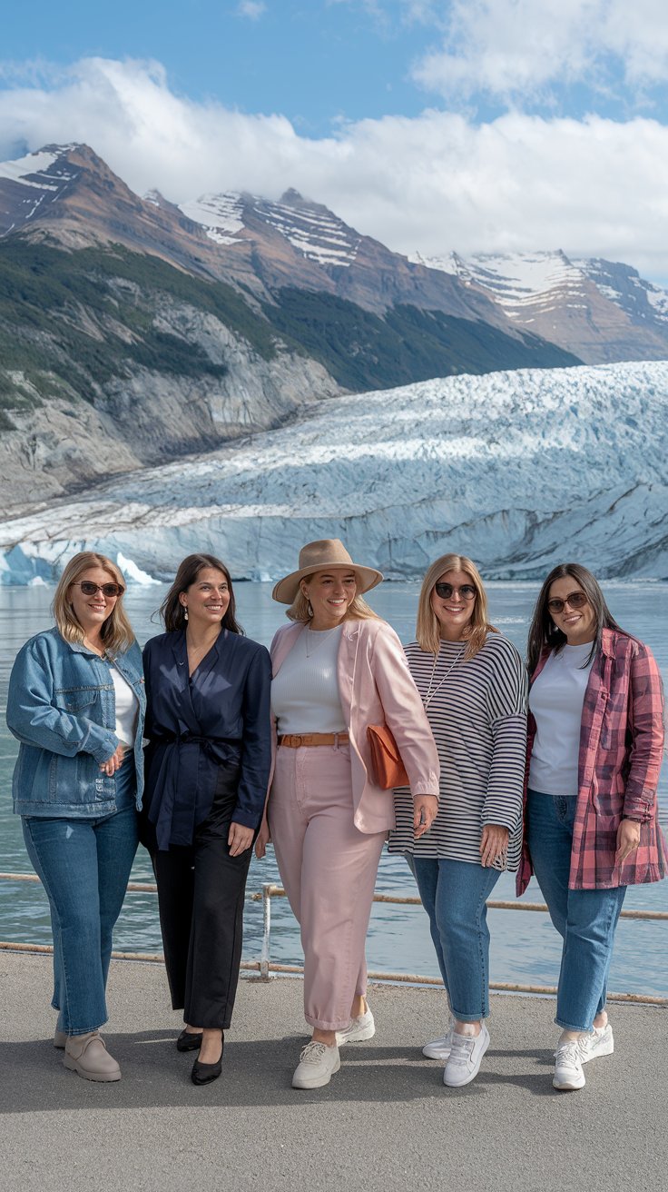 A photo of five plus-size women wearing different outfits for an Alaska cruise in May. The outfits are for glacier viewing comfort, elegant evening wear, daytime exploration, casual dining, and indoor activities. The women are posing together, with the glacier in the background.