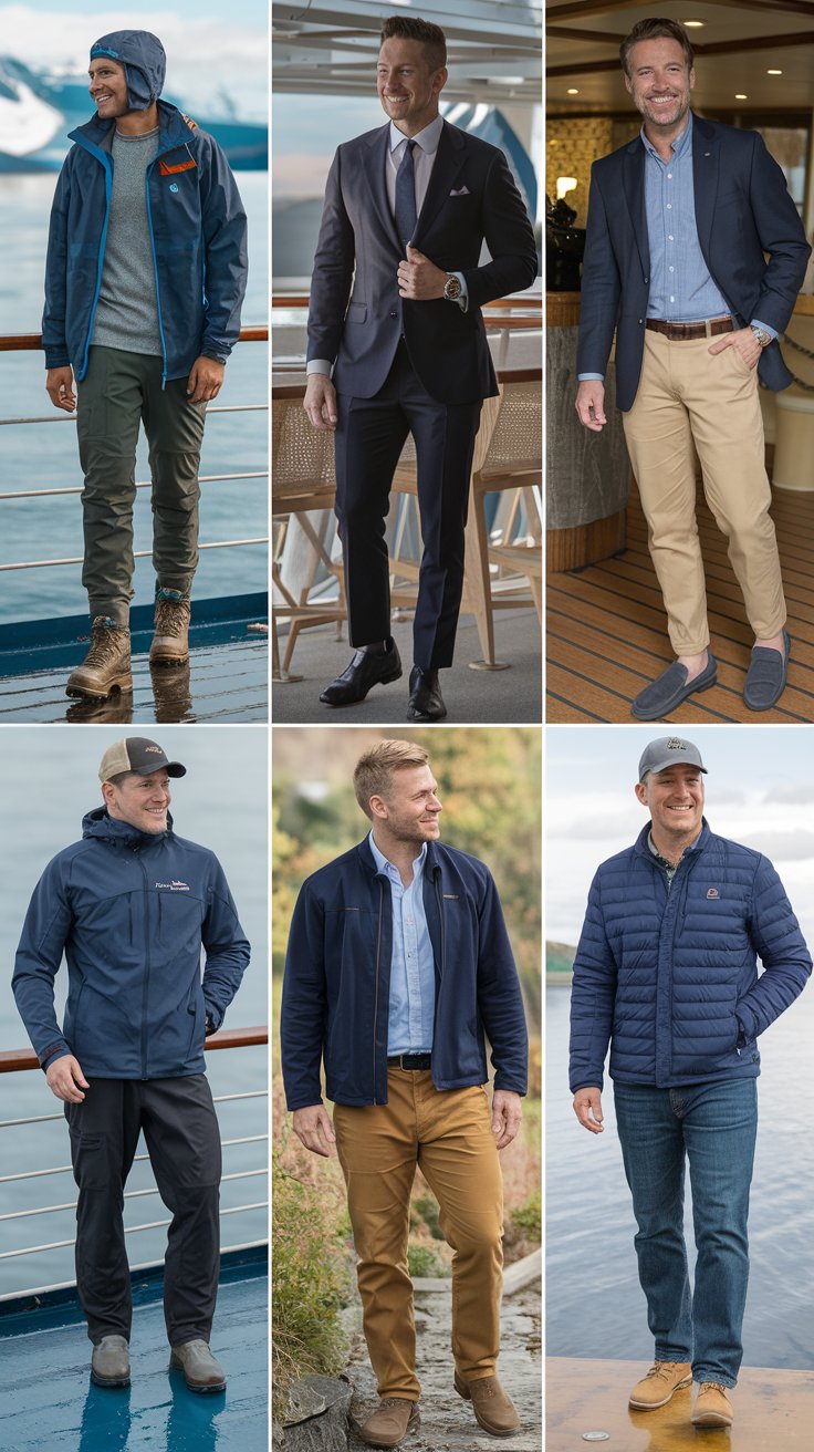 A photo of 5 men wearing various outfits for an Alaska cruise in May. The first man is wearing a waterproof jacket, fleece, thermal shirt, hiking pants, and waterproof boots. He is standing on the deck of the cruise ship, spotting wildlife. The second man is wearing a dark suit, dress shirt, tie, dress shoes, and a watch. He is dressed for a formal night on the cruise. The third man is wearing khakis, a button-down shirt, a blazer, loafers, and a belt. He is dressed for a smart casual evening at a restaurant on the cruise. The fourth man is wearing quick-dry pants, a base layer shirt, a fleece jacket, hiking boots, and a cap. He is dressed for an adventure excursion. The fifth man is wearing jeans, a polo shirt, a light sweater, comfy shoes, and a watch. He is dressed for indoor relaxation on the cruise.