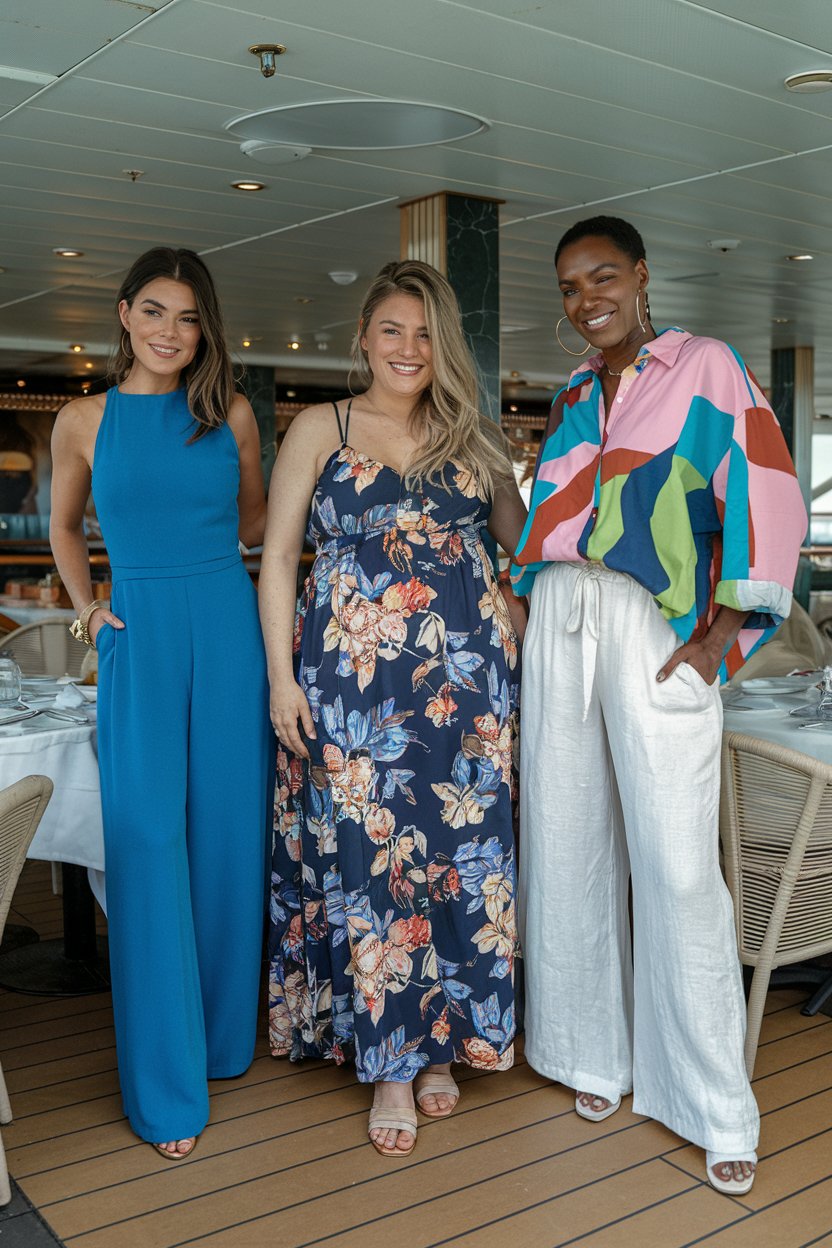 A photo of three women dressed for a dinner cruise. The first woman is wearing a jumpsuit. The second woman is large wearing a floral summer dress. The third woman is black wearing white linen pants and a big colorful shirt. The background is a restaurant on a cruise ship.