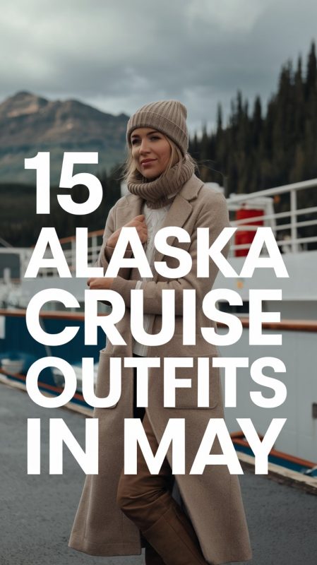 A photo of a woman wearing a warm outfit. She is standing near a ship. The background contains mountains and trees. The sky is cloudy. There is a large text overlay in bold, white font that says "15 Alaska Cruise Outfits In May".