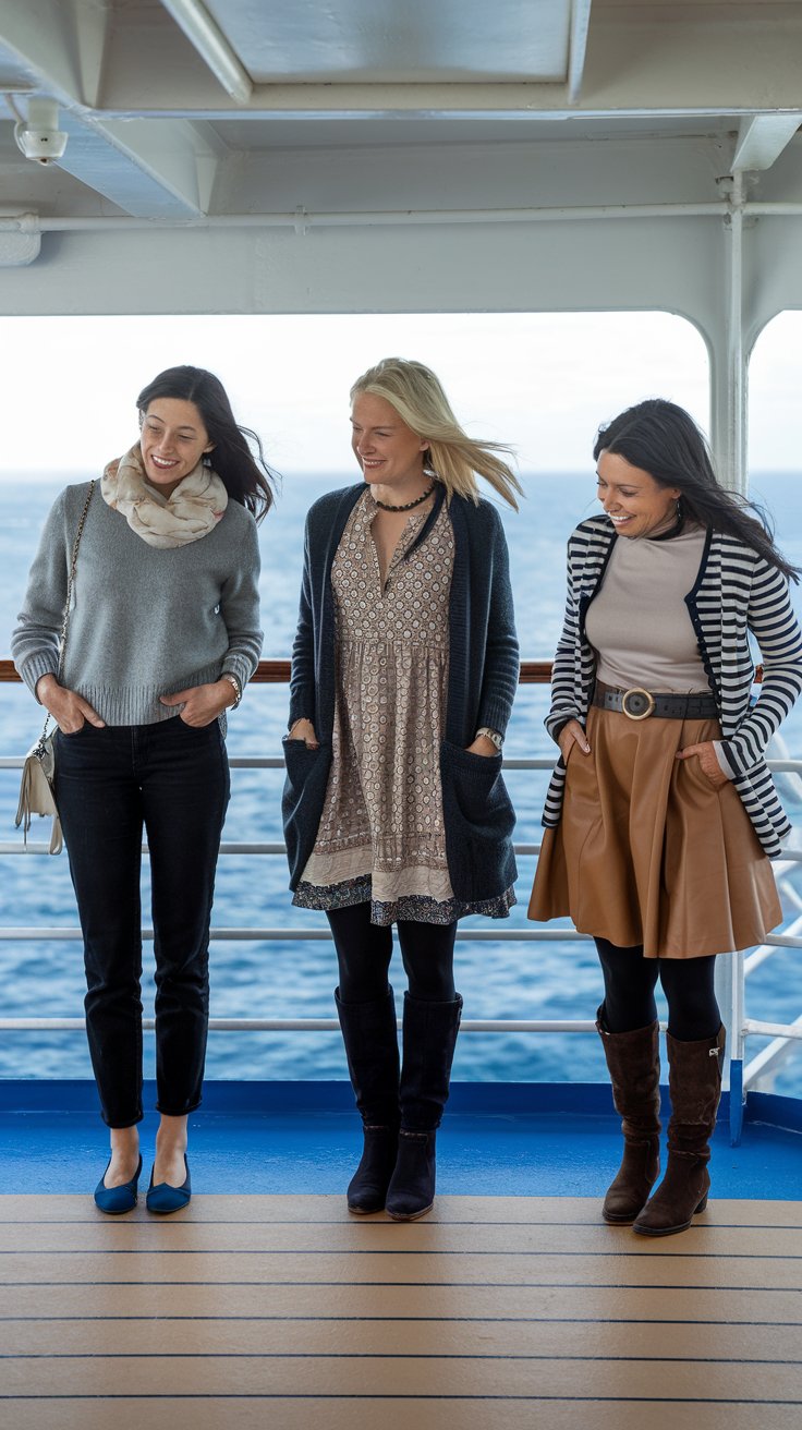 A photo of three women standing on the deck of a cruise ship, each with their hands in their pockets. The first woman is wearing dark jeans and a comfy sweater, along with flats, a light scarf, and a small purse. The second woman is wearing a dress with a patterned material, a cardigan over the dress, and a pair of boots. The third woman is wearing a skirt and a top, along with a belt around her waist and a pair of boots. The background reveals the cruise ship's railing and the ocean.