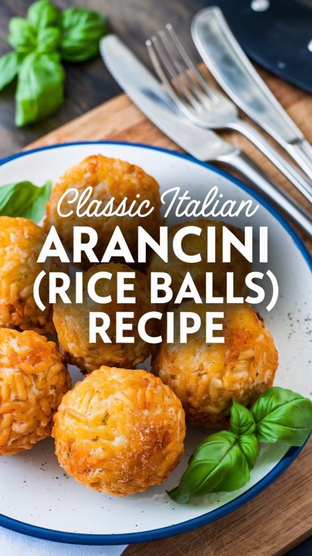 A photo of golden, deep-fried arancini. The arancini are placed on a white plate with a few fresh basil leaves. There is a knife and fork next to the plate. The background is a wooden board. The text "Classic Italian Arancini (Rice Balls) Recipe" is overlaid on the photo in large, white text.