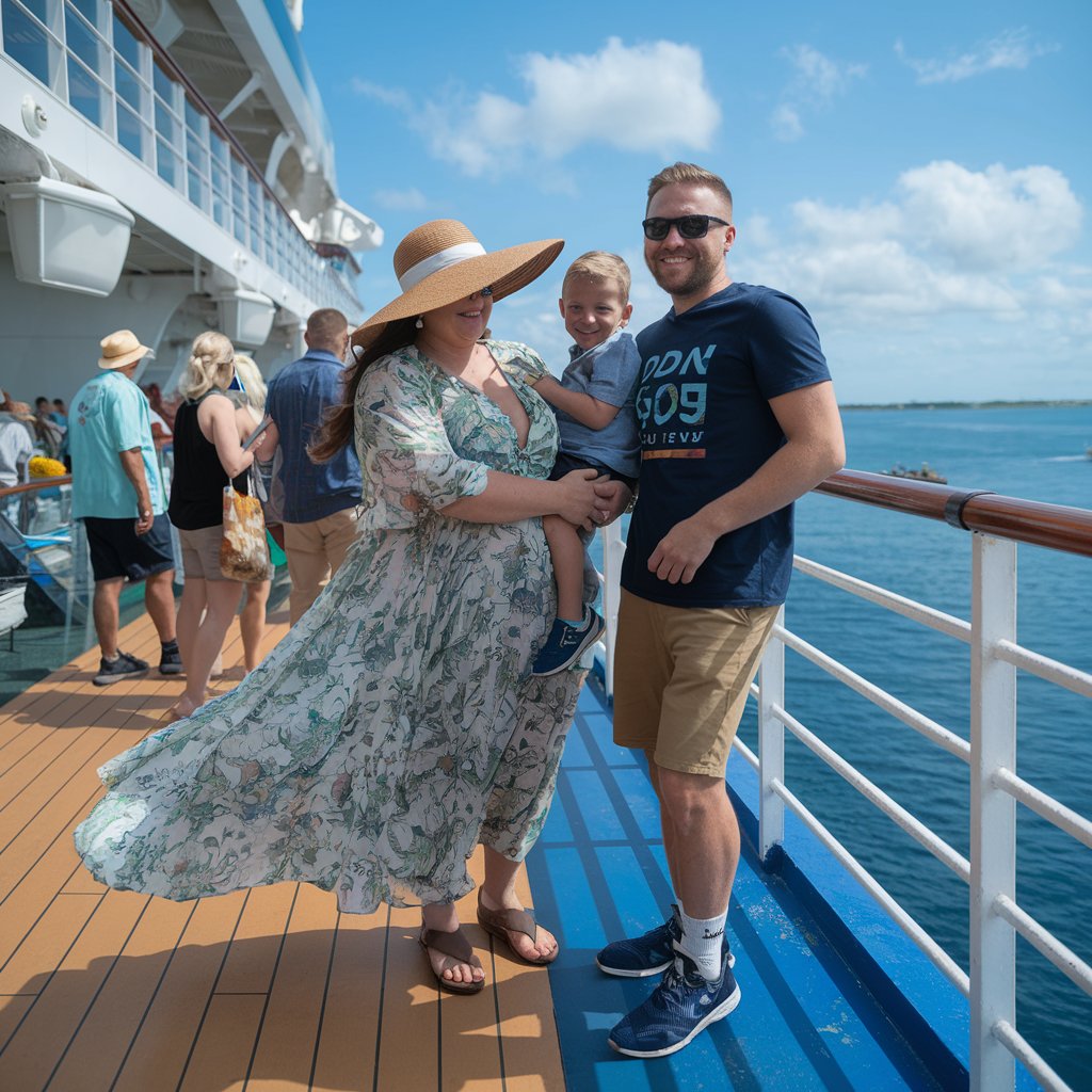 A photo of a large lady with a flowing sun dress and sun hat, and a man wearing shorts, a tee, and sunglasses. They are standing on a cruise ship with a balustrade. The lady is holding a boy who is wearing a shirt and shorts. The background reveals other cruise ship passengers and a sunny day with clear skies and blue waters.
