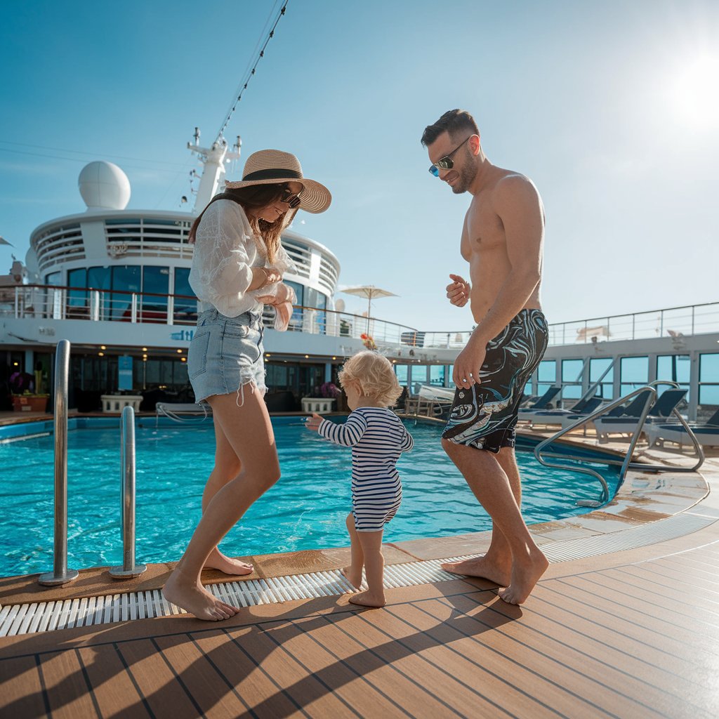 A photo of a family of three by the pool on a cruise ship. The mother is wearing shorts and a sun hat, the father is wearing shorts and sunglasses, and there is a child nearby. The background contains the pool and the ship's structure. The sky is clear, and the sun is shining.