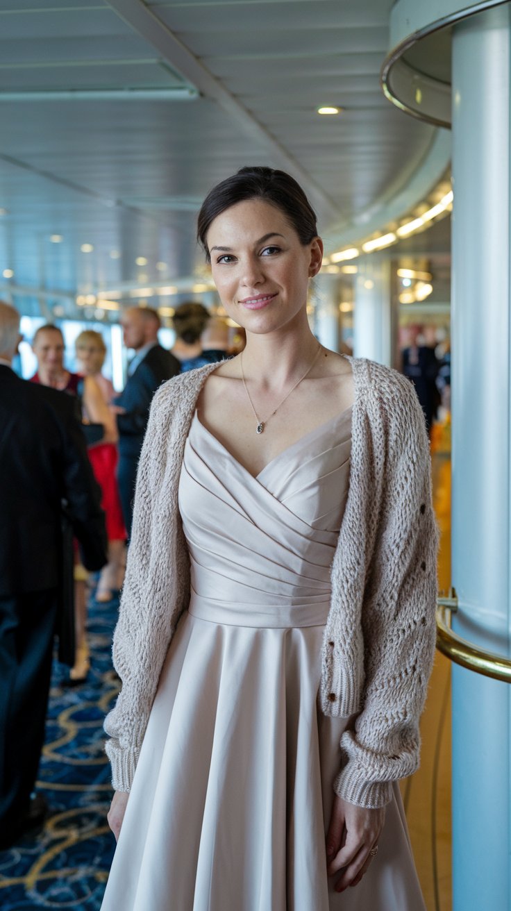 A photo of a woman wearing a nice mid-length evening dress and a pretty cardigan. She is standing on a cruise ship. The background contains other passengers and the cruise ship's decor.