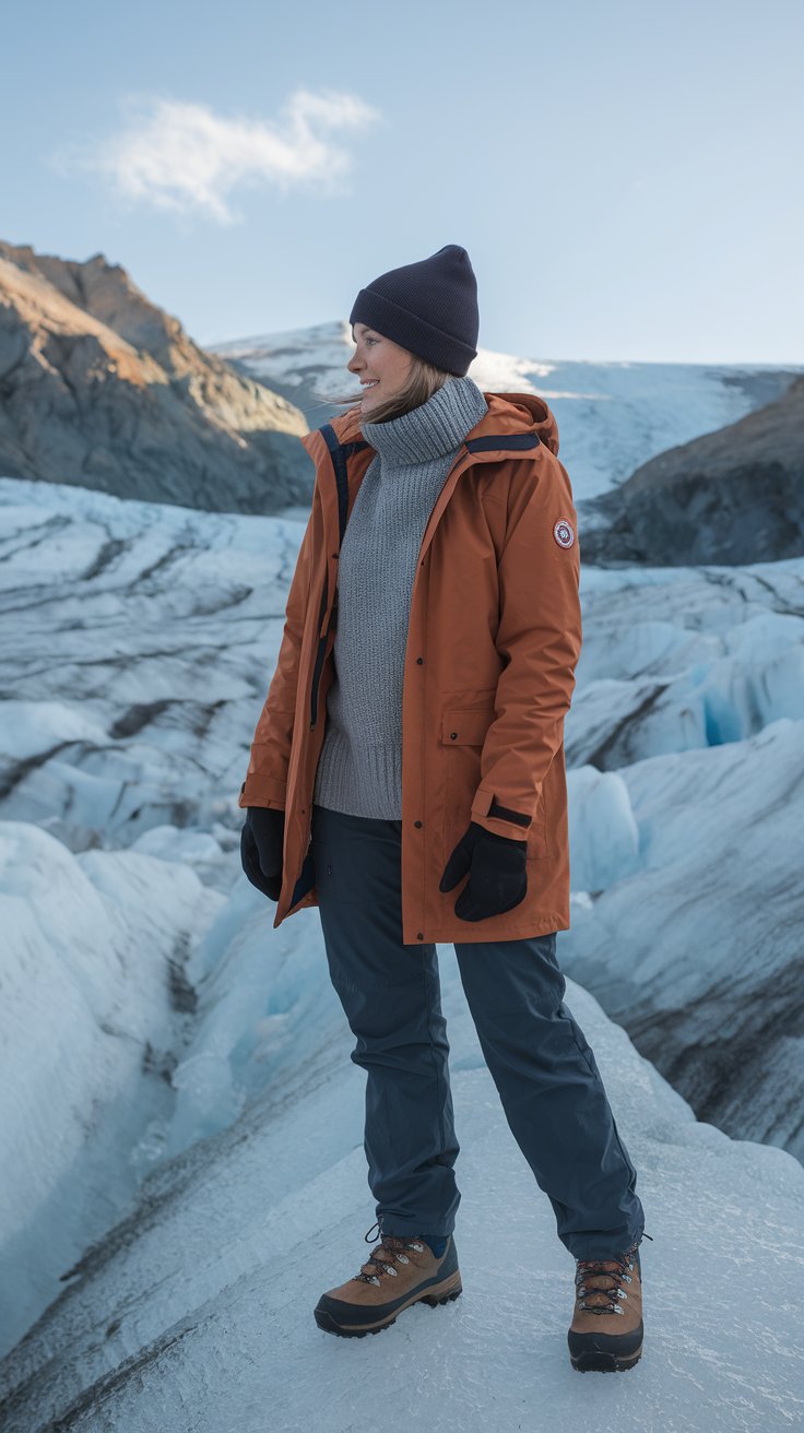 A photo of a woman with a waterproof parka, a cozy sweater, a thermal base, hiking pants, and waterproof boots. She is standing on a glacier and looking at the vast, icy landscape. The background reveals towering ice formations and a clear sky. The woman is wearing a warm beanie and gloves to keep her hands warm.