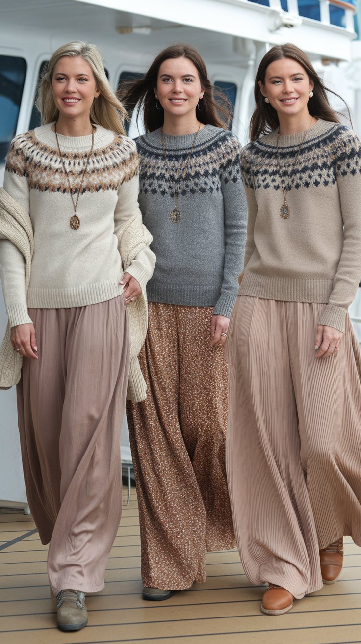 A photo of three women wearing different outfits. The first woman is wearing a soft sweater with a pattern and a beige cardigan over it. She is wearing flowing palazzo pants and a pair of walking shoes. She wears a pendant necklace. The second woman is wearing a grey sweater with a pattern and a beige cardigan over it. She is wearing flowing palazzo pants and a pair of walking shoes. She wears a pair of earrings and a pendant necklace. The third woman is wearing a beige sweater with a pattern and a beige cardigan over it. She is wearing flowing palazzo pants and a pair of walking shoes. She wears a pair of earrings. All three women are standing on the deck of a cruise ship.