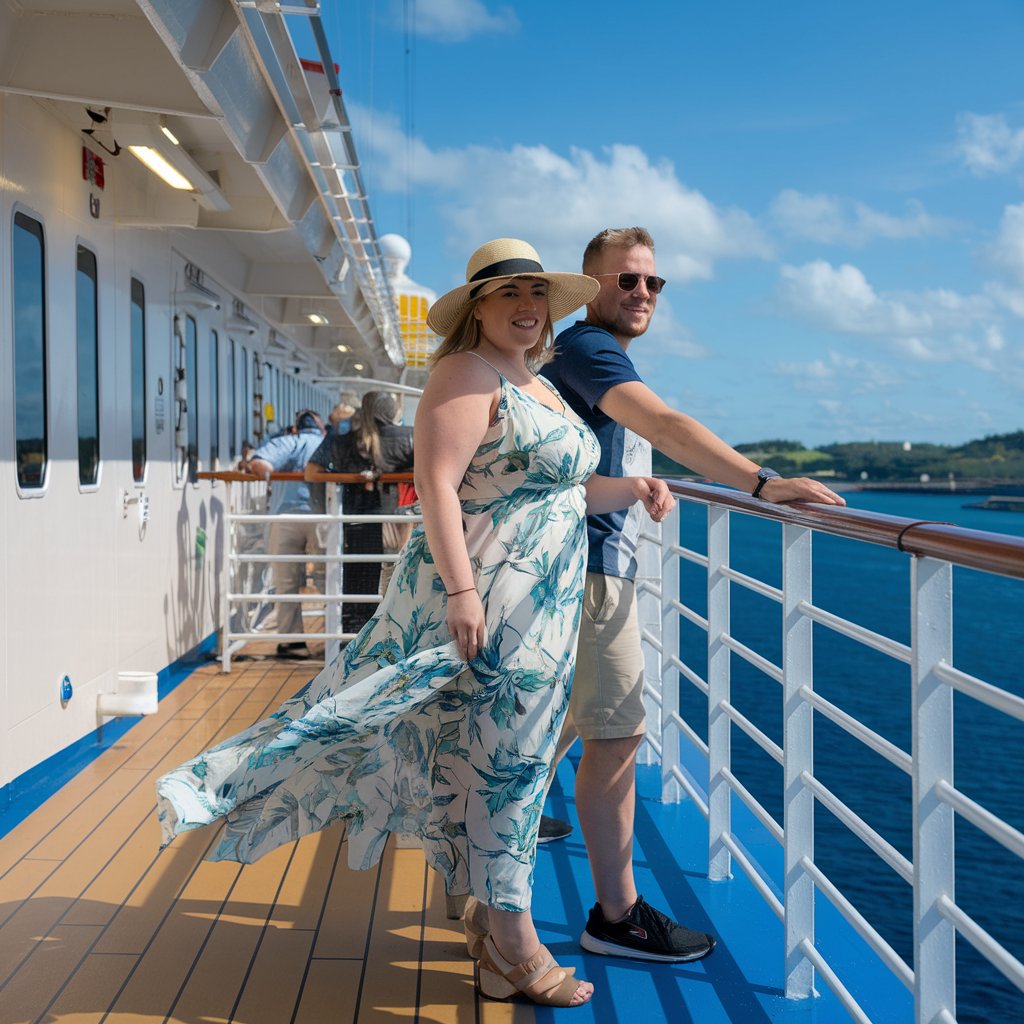 A photo of a couple on a sunny day on a cruise ship. The woman is large and wearing a flowing sundress and a sun hat. She is standing near the railings. The man is wearing shorts, a tee, and sunglasses. He is standing behind the woman, leaning against the railings. The background reveals other passengers and the beautiful scenery.