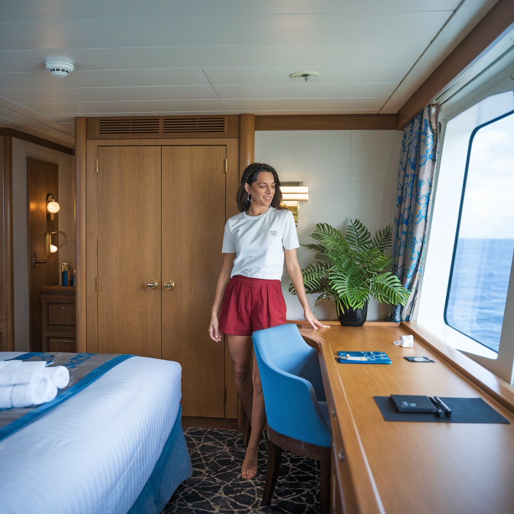 A photo of a lady in a plush cruise ship stateroom. She is wearing a white tee shirt and a pair of red shorts. The room is beautifully decorated with a large bed, a closet, and a small desk. The lady is standing near the desk. There is a potted plant near the desk. The room has a large window with a view of the ocean.