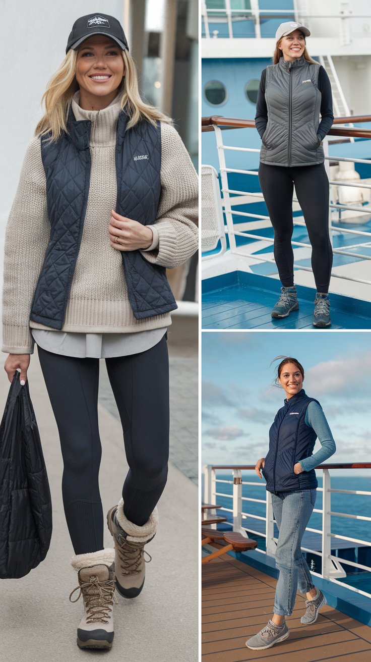 A photo of three women wearing different outfits. The first woman is wearing dark jeans and a comfy sweater. She is layering up with fleece-lined leggings and a thermal shirt. She also wears a quilted vest, comfy hiking boots, and a baseball cap. The second woman is wearing a quilted vest, hiking boots, and a baseball cap. She is standing on the deck of a cruise ship. The third woman is wearing jeans and trainers. She is standing on the deck of a cruise ship.