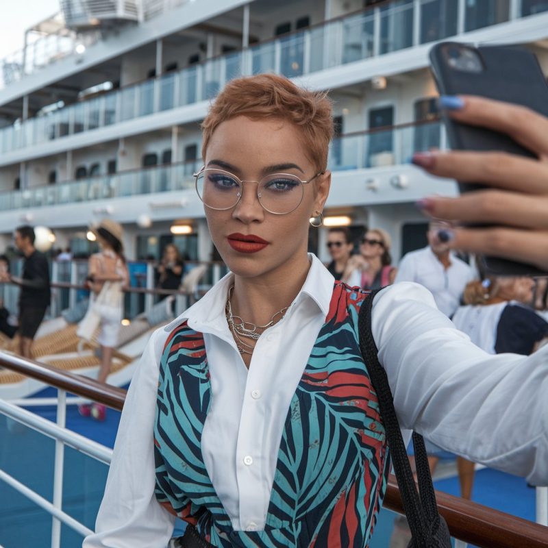 Zoe Richards taking a selfie in her latest Caribbean outfit on a cruise ship