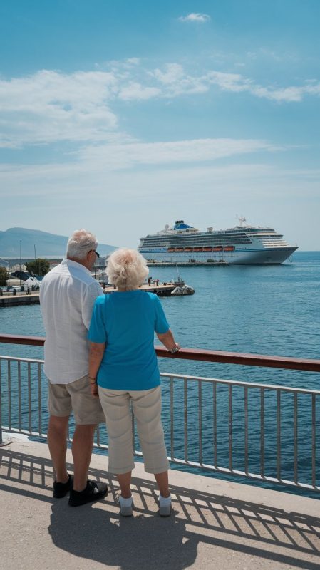 older couple casually dressed in shorts in Katakolon Cruise Ship Port on a sunny day with a cruise ship in the background