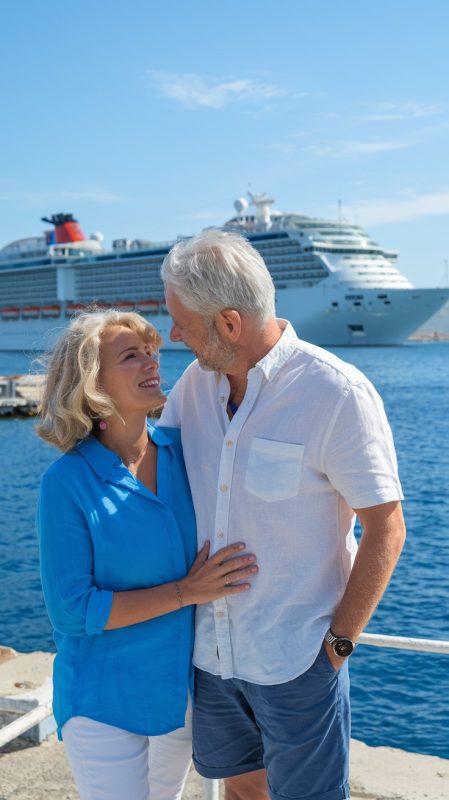 older couple casually dressed in shorts in Kefalonia Cruise Ship Port on a sunny day with a cruise ship in the background