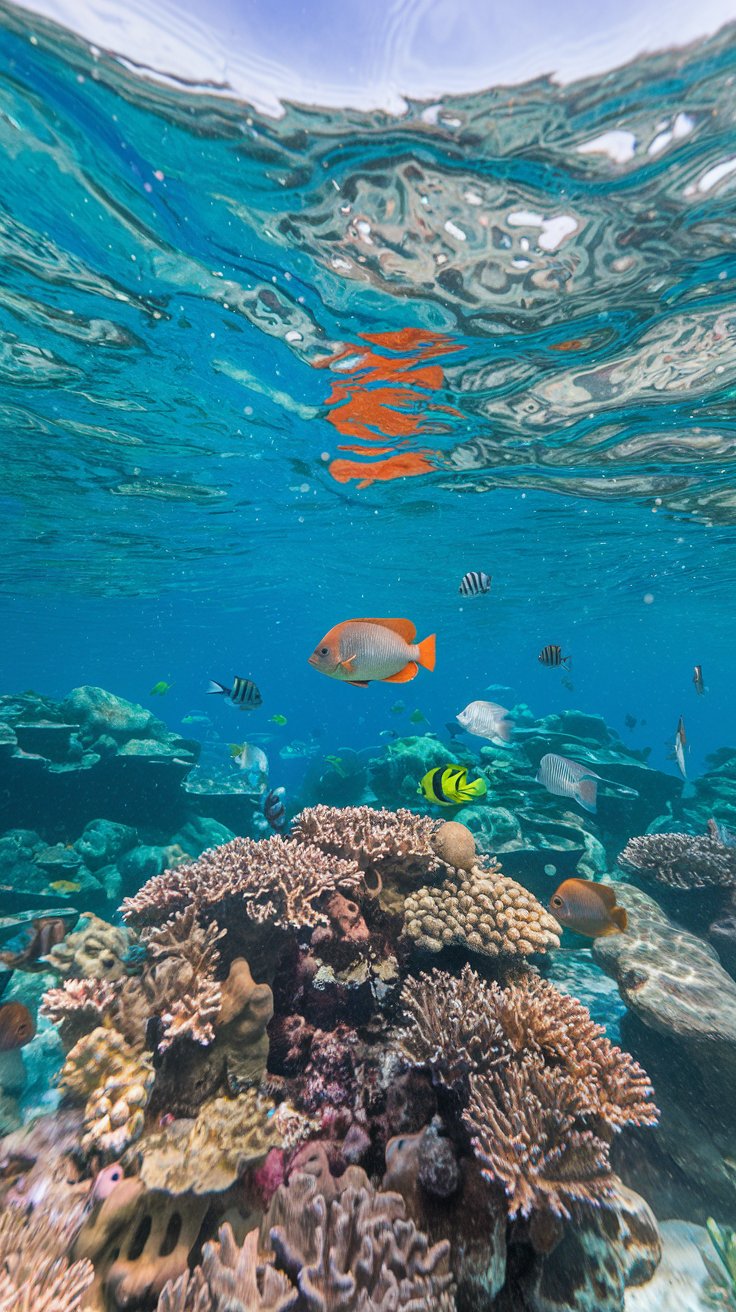 A photo taken above the water level near Nassau. The water is clear, revealing a vibrant coral reef and a variety of fish, including a large orange fish. The sunlight shines through the water, casting a bright beam onto the coral and illuminating the fish. The background contains a few rocks and a distant view of land.