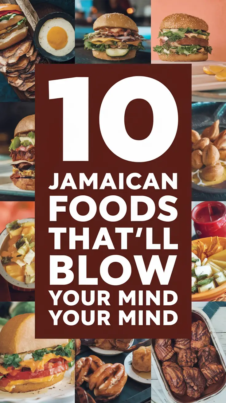 Big text overlay saying: 10 Jamaican Foods That'll Blow Your Mind. It's designed to immediately grab attention with its thick, distinctive lettering set prominently in a big dark colored box, utilizing a simple yet striking bold white color for the text. Surrounding this eye-catching typography, a collage of vibrant images.