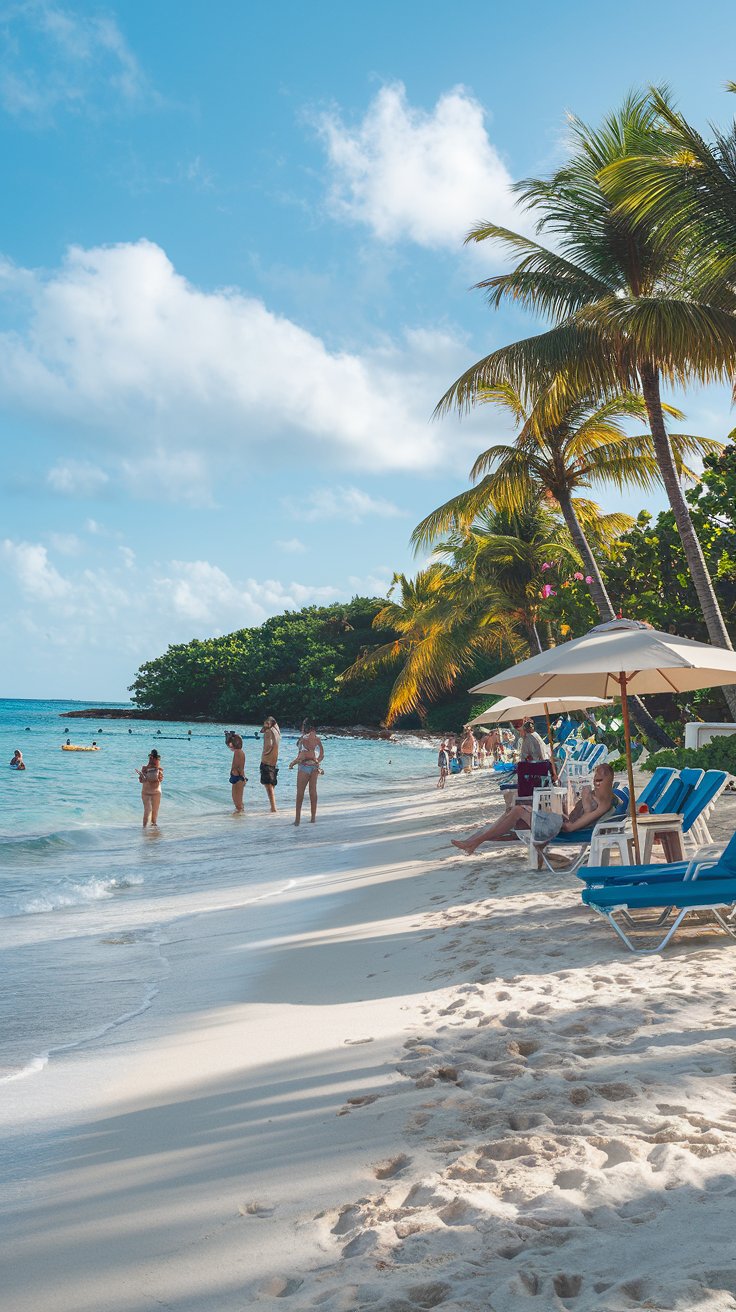 A photo of people enjoying a sunny day on a beautiful beach in Nassau. There are sun loungers and umbrellas set up, and the pristine white sand is dotted with beach chairs. The turquoise water is calm, with gentle waves lapping at the shore. Palm trees sway in the gentle breeze, casting dappled shadows on the sand. The sky is clear, with a few fluffy white clouds.