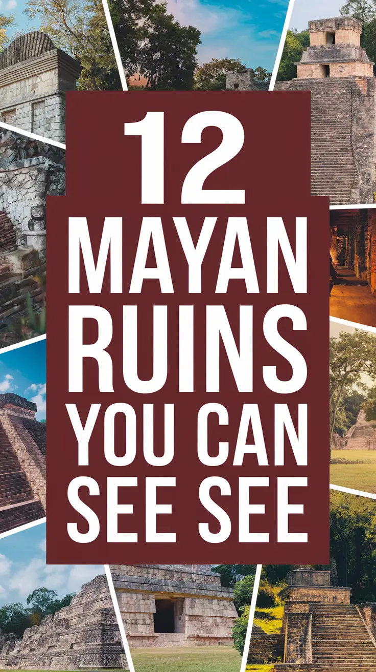 Big text overlay saying: 12 Mayan Ruins You Can See. It's designed to immediately grab attention with its thick, distinctive lettering set prominently in a big dark colored box, utilizing a simple yet striking bold white color for the text. Surrounding this eye-catching typography, a collage of vibrant images.