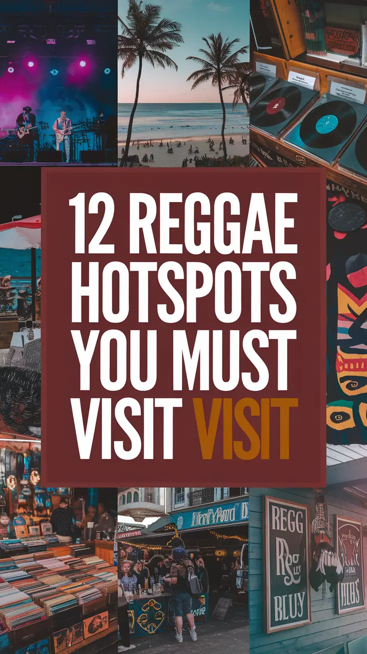 A photo of a collage with vibrant images of reggae hotspots, including a stage with musicians, a beach with palm trees, a record store with vinyl records, a street market with food stalls, and a bar with reggae posters on the walls. The collage is surrounded by a big box with the text "12 Reggae Hotspots You Must Visit" in thick, distinctive, bold white lettering. Alt Tag Description: Collage featuring lively reggae hotspots—a music stage, palm-lined beach, vinyl-filled record store, bustling street market, and reggae-themed bar—framed by bold white text reading "12 Reggae Hotspots You Must Visit."