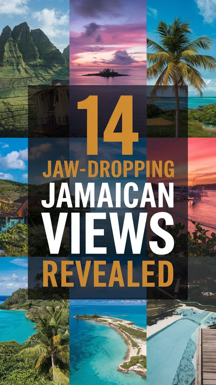 Big text overlay saying: 14 Jaw-Dropping Jamaican Views Revealed. It's designed to immediately grab attention with its thick, distinctive lettering set prominently in a big dark colored box, utilizing a simple yet striking bold white color for the text. Surrounding this eye-catching typography, a collage of vibrant images.