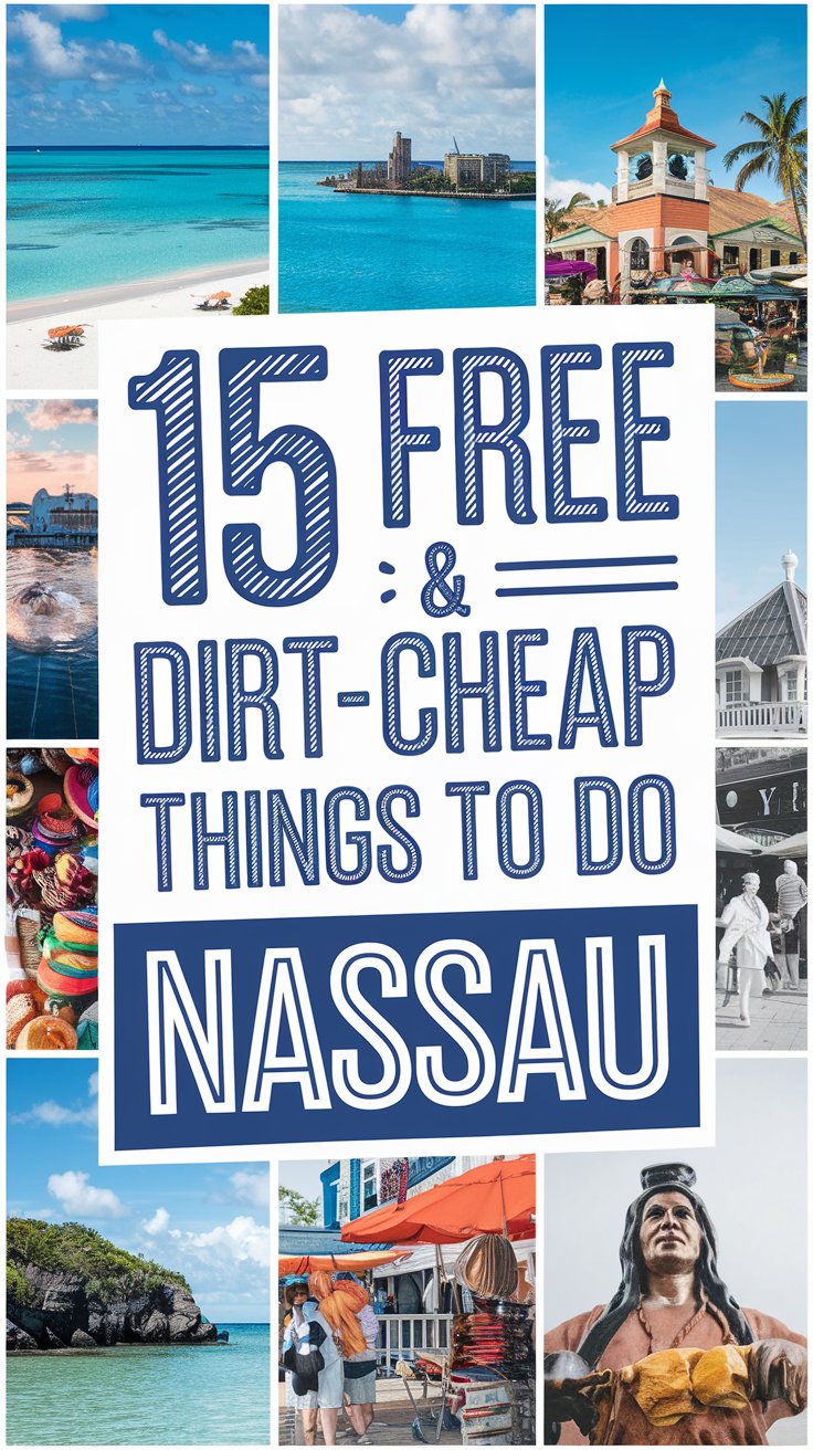 A collage of vibrant images depicting the beauty and allure of Nassau, including stunning beaches, bustling marketplaces, and iconic landmarks. The text "15 Free & Dirt-Cheap Things to Do in Nassau" is designed in thick, distinctive lettering and set prominently in a big box. The background is a simple yet striking bold white color.