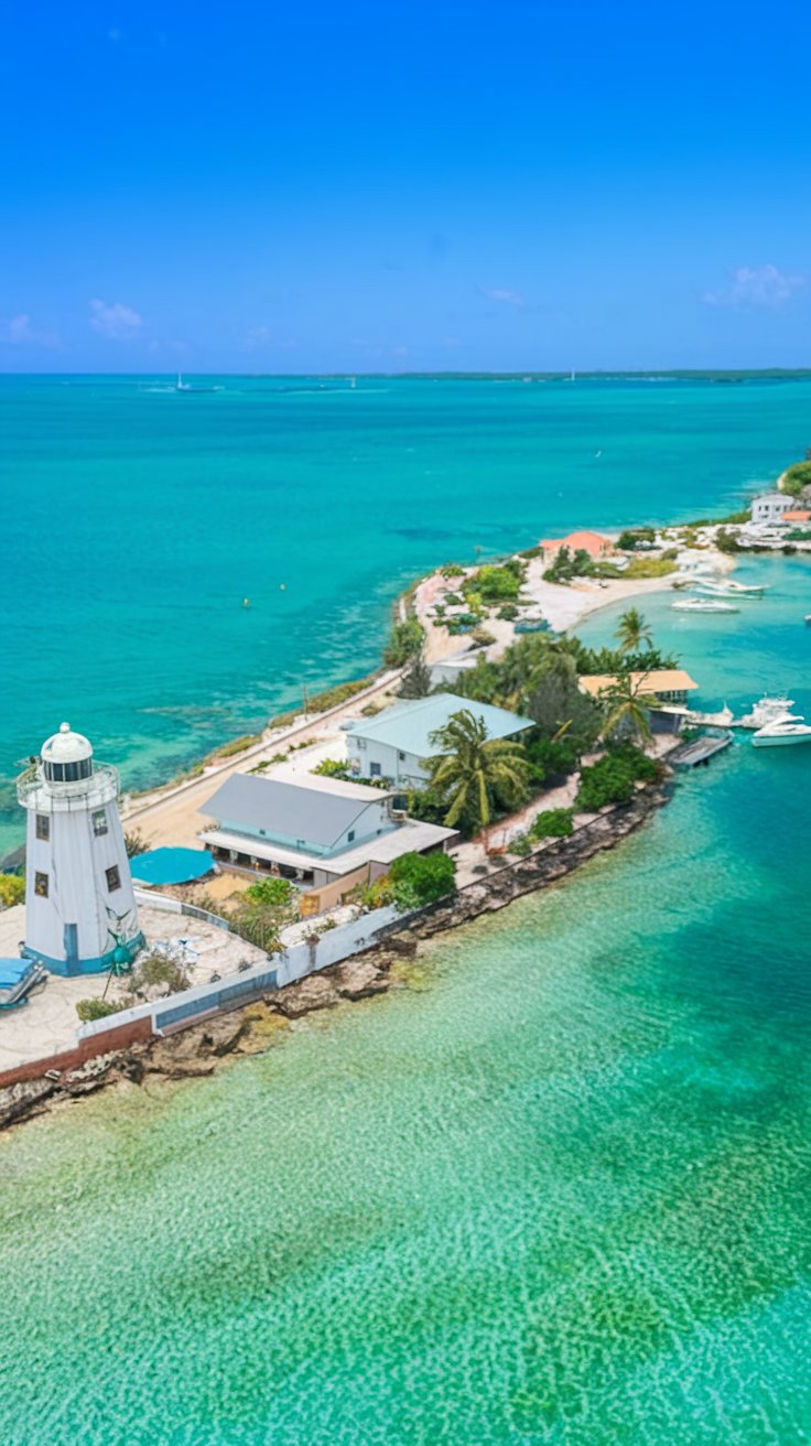 A breathtaking aerial view of a coastal area with crystal-clear turquoise waters. A white lighthouse stands prominently on a small peninsula, surrounded by a few buildings and greenery. There are boats anchored close to the shore, and the vast expanse of the ocean stretches out to the horizon. The sky is clear with a few scattered clouds, suggesting a sunny day.