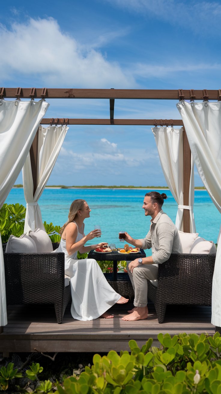 Private Cabana at Pearl Island Nassau. Couple dressed in summer outfits. They are having lunch. Sunny day