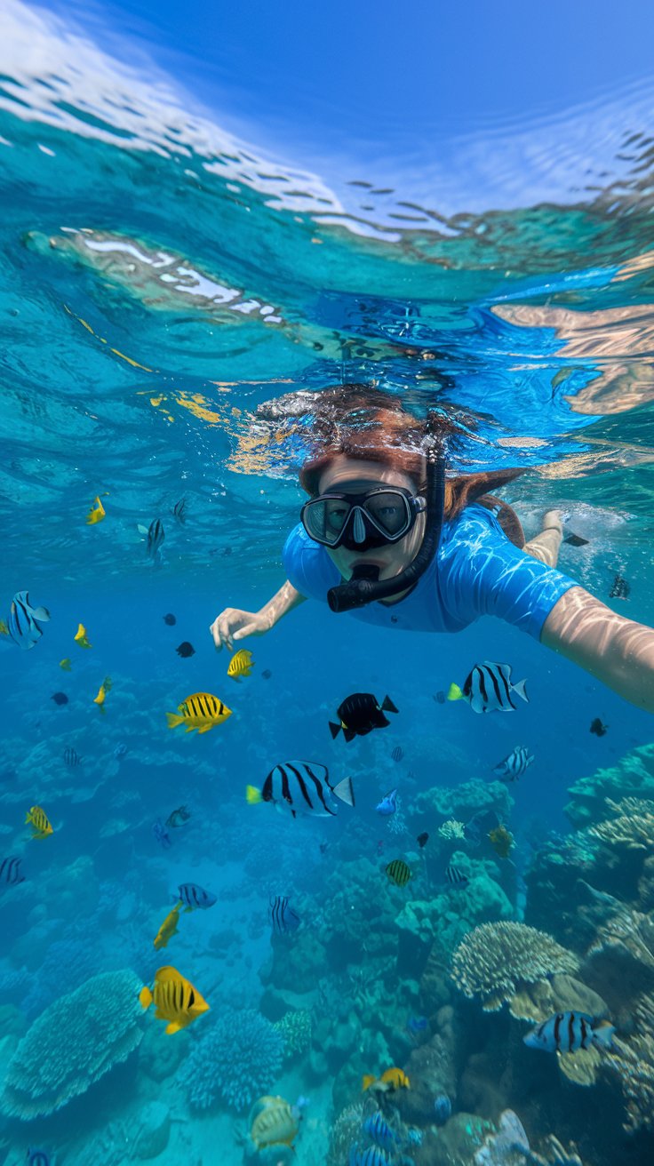 A photo of a lady snorkeling in Nassau. She is wearing a blue shirt and a black snorkel. The background is filled with colorful fish and coral reefs. The water is clear and has a turquoise hue. The sky is sunny and blue.