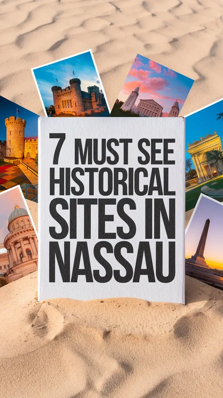 A photo of a big white box with the text "7 Must See Historical Sites in Nassau". The box is placed on a sandy background. There are vibrant images of Nassau's landmarks, including a castle, a historic building, and a monument, surrounding the box. The overall image has a warm, sunny hue.