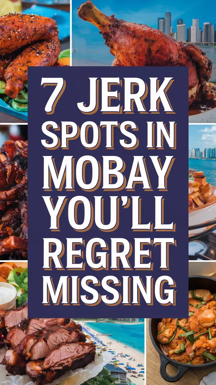 Magic Prompt: A photo of a collage with the text "7 Jerk Spots in MoBay You'll Regret Missing" in thick, distinctive lettering, prominently displayed in a bold white font within a large box. Surrounding the text are vibrant images of jerk chicken, jerk pork, and other jerk dishes, as well as views of Montego Bay (MoBay), including the beach and city skyline. Also featured are visuals of jerk spices and the cooking process, all set against a blue gradient background in a realistic style. Alt Tag Description: Realistic collage showcasing vibrant jerk dishes like chicken and pork, iconic Montego Bay scenery, jerk spices, and cooking scenes, with bold white text reading "7 Jerk Spots in MoBay You'll Regret Missing" centered in a blue gradient background.