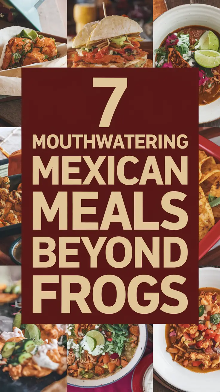 Big text overlay saying: 7 Mouthwatering Mexican Meals Beyond Frogs. It's designed to immediately grab attention with its thick, distinctive lettering set prominently in a big dark colored box, utilizing a simple yet striking bold white color for the text. Surrounding this eye-catching typography, a collage of vibrant images.