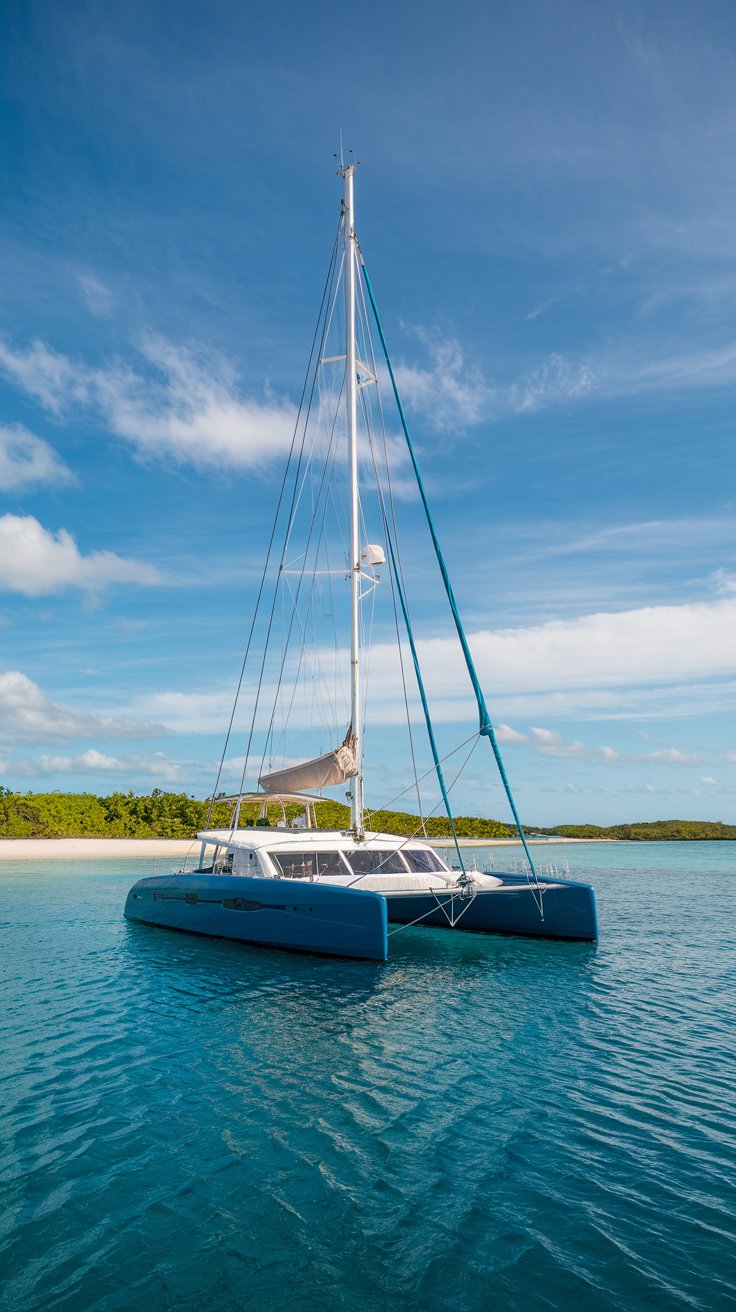 A photo of a sailing catamaran in Nassau on a sunny day. The catamaran is anchored in the crystal clear water near the shore, with the white sandy beach in the background. The sky is clear with a few clouds. The catamaran has a blue hull and a white cover over the main cabin. There are two masts with white sails. The water is calm.