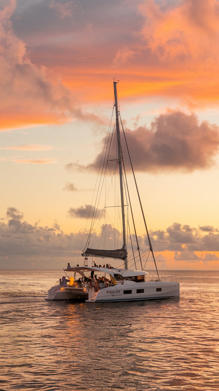 A photo of a sunset dinner cruise with a sailing catamaran in Nassau. The catamaran is filled with people enjoying the evening. The sky is painted with shades of orange and pink. The ocean is calm, reflecting the sky's beauty. The horizon is where the water meets the sky. The overall ambiance is serene and picturesque.