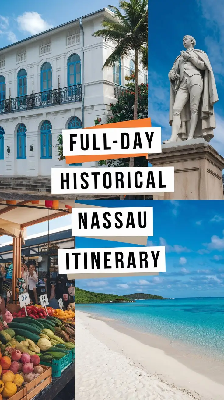 A photo collage of Nassau's historical sites and beautiful landscapes. There's a shot of a historic building with a white facade and blue windows. There's a photo of a statue of a nobleman. There's a photo of a market with colorful fruits and vegetables. There's a photo of a stunning beach with white sand and turquoise water. The text "Full-Day Historical Nassau Itinerary" is displayed prominently in bold white lettering, with each word on a separate line.