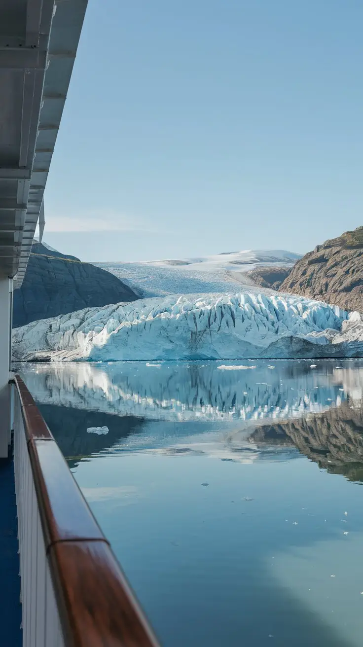 A photo of a glacier reflected in calm waters, taken from the balcony on a cruise ship. The glacier is massive and has a deep blue hue. The water is clear and mirrors the glacier perfectly. The sky is clear and sunny. The background reveals more glaciers and mountainous terrain.