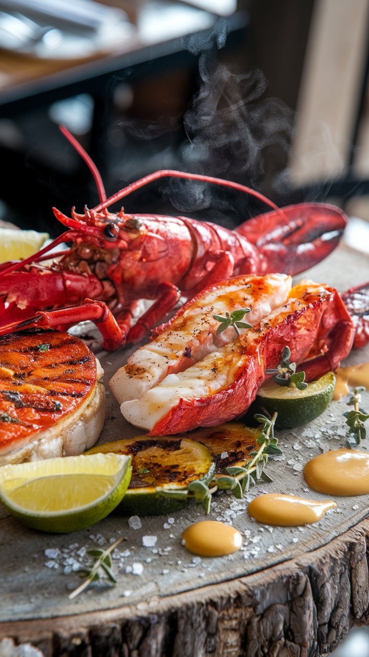 Grilled Bahamian rock lobster and stew fish plates served at a seafood restaurant in downtown Nassau