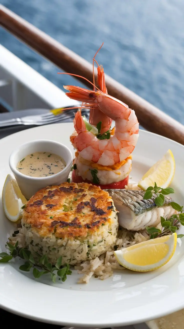 A photo of a beautifully plated seafood dish on a cruise ship. The dish contains a shrimp cocktail, a crab cake, and a piece of grilled fish. The shrimp cocktail is served with a sauce. The crab cake and grilled fish are placed on a bed of rice. The dish is garnished with lemon wedges and fresh herbs.