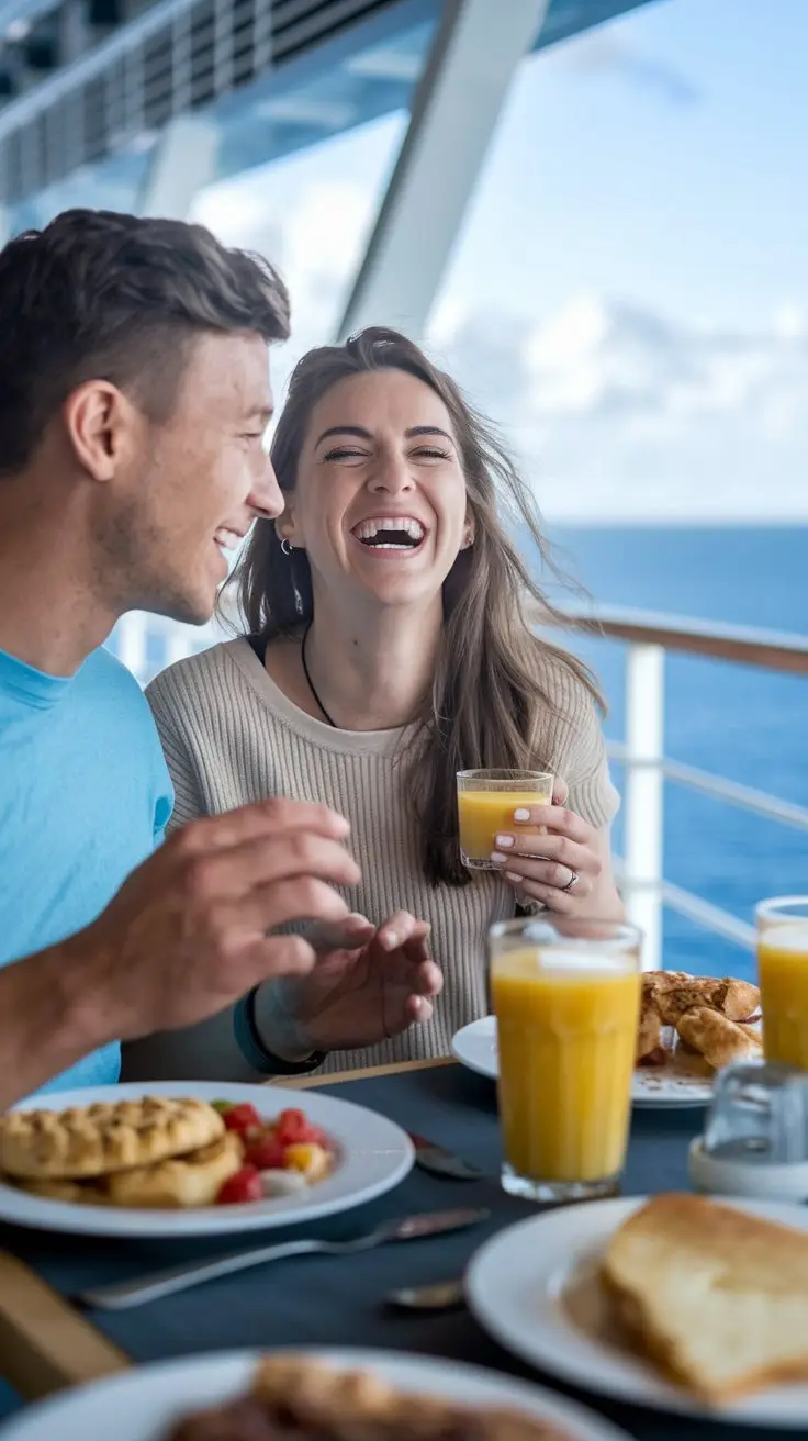 Close up of a young couple laughing while enjoying a breakfast on a cruise ship.