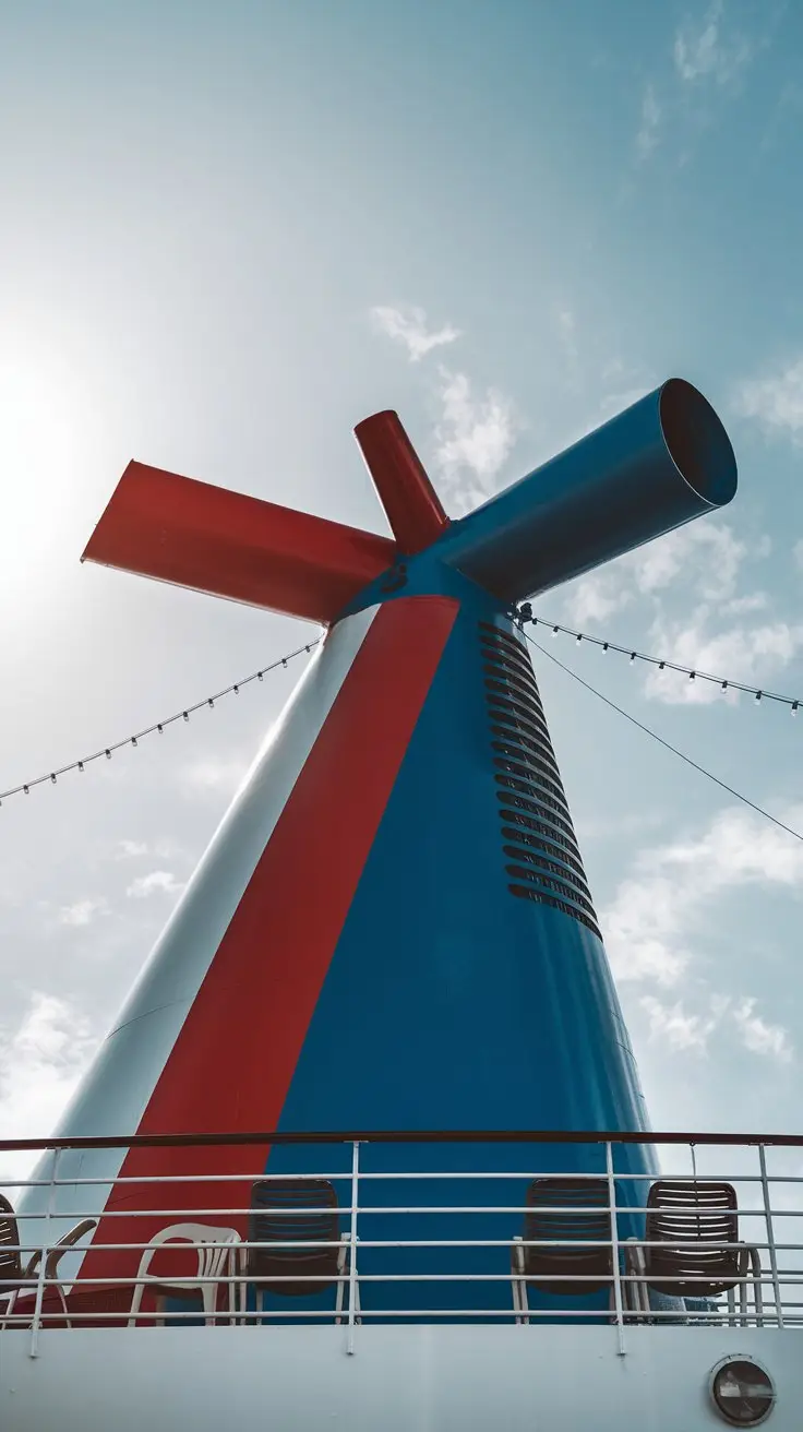 A photo of a close-up shot of the silhouette of a red and blue funnel on a Carnival cruise ship. The funnel is against a bright sunny sky.
