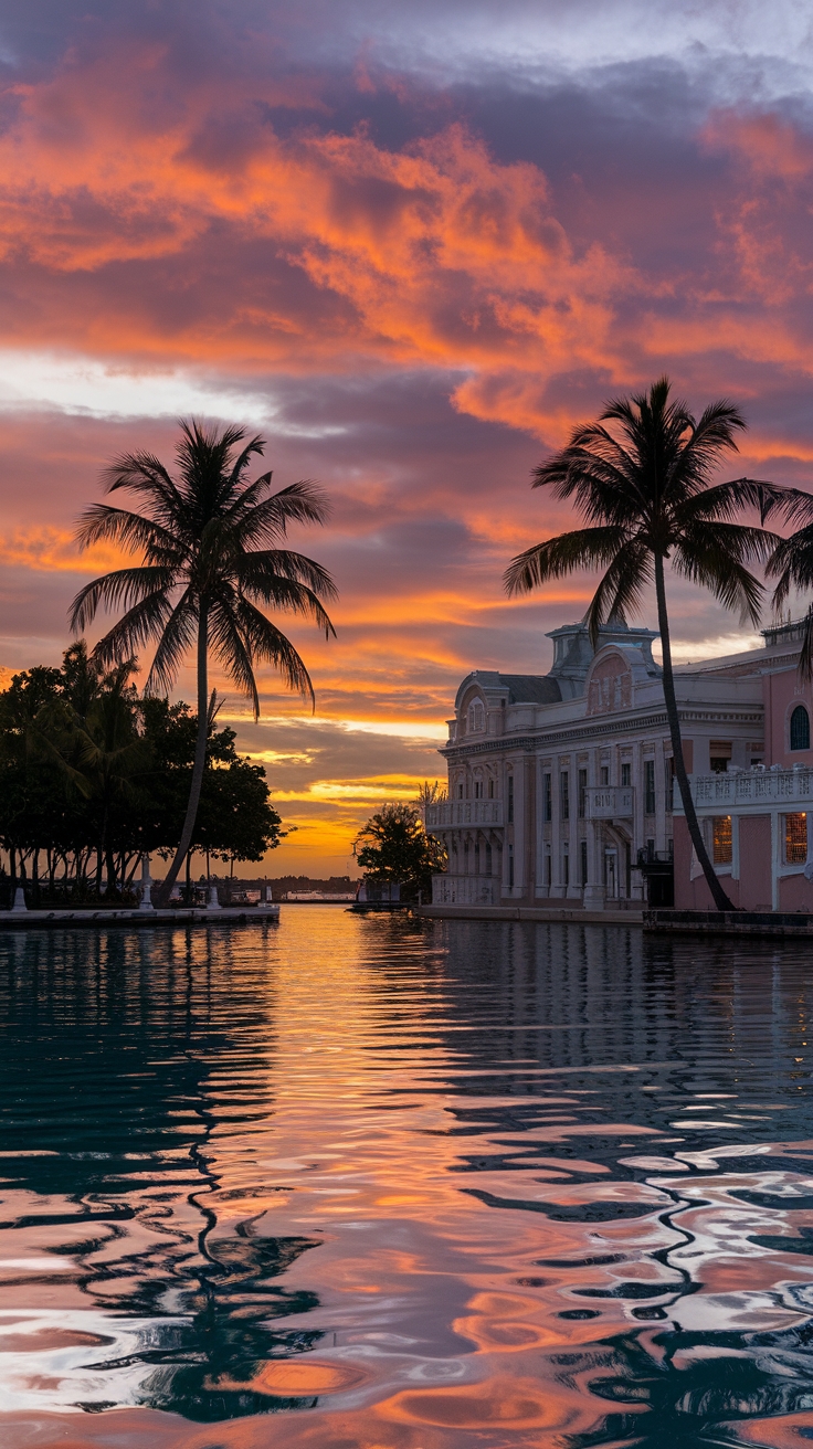 Sunset over Nassau harbor viewed from Rawson Square with cruise ships docked