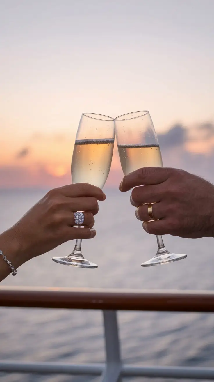 A photo of two hands clinking champagne glasses on a cruise ship. One hand wears a diamond wedding ring the other hand is a man's gold wedding band. The background reveals a slight sunset with orange and pink hues.