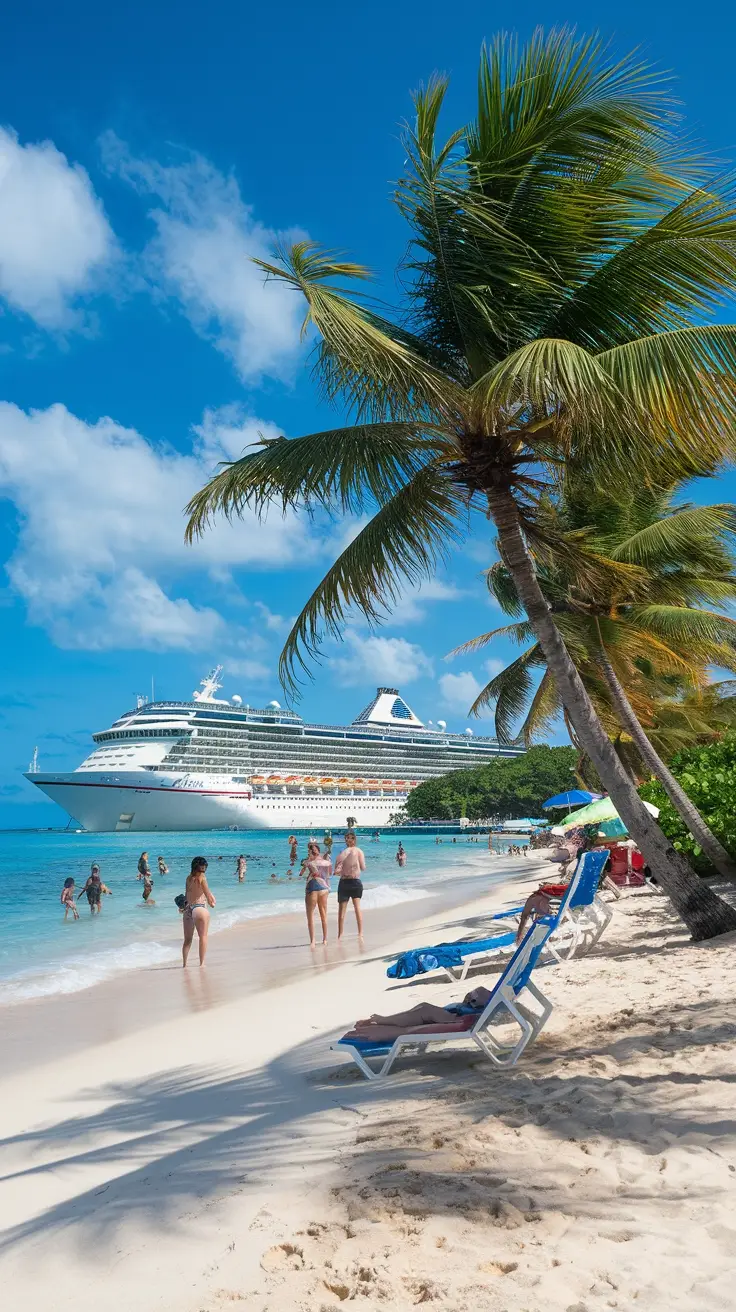 Crystal clear turquoise waters and white sand at Junkanoo Beach with cruise ships visible in distance