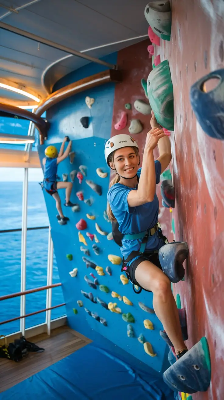 A photo of a young lady climbing a rock wall on a cruise ship. The rock wall is indoors, with a blue water background and a few other climbers in the background. The lady is wearing a blue shirt and a white helmet. She has a smile on her face. The overall image has warm lighting.