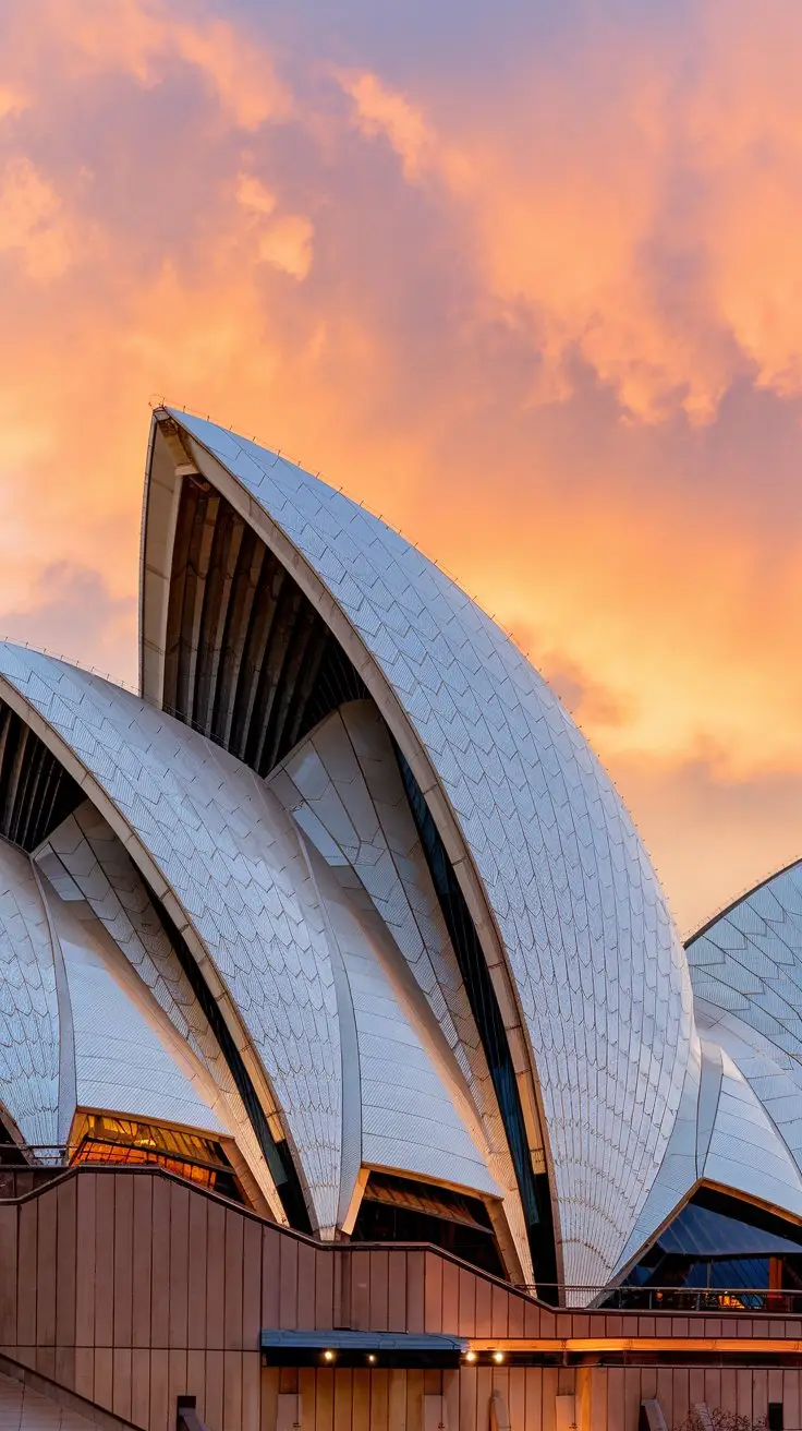 A photo of the Sydney Opera House with a close-up view. The building is lit up in white and has a golden glow. The background contains the sky, which is painted in warm hues of orange and pink.