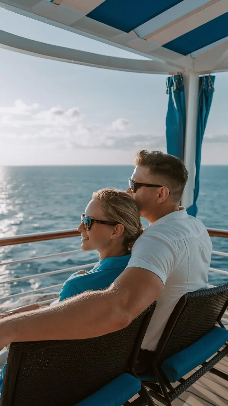 A photo of a couple in a cabana on a cruise ship. The man is wearing a white shirt and the woman is wearing a blue shirt. They are both wearing sunglasses. The man has his arm around the woman. They are looking out at the ocean. The background is a sunny day with clear skies and gentle waves.