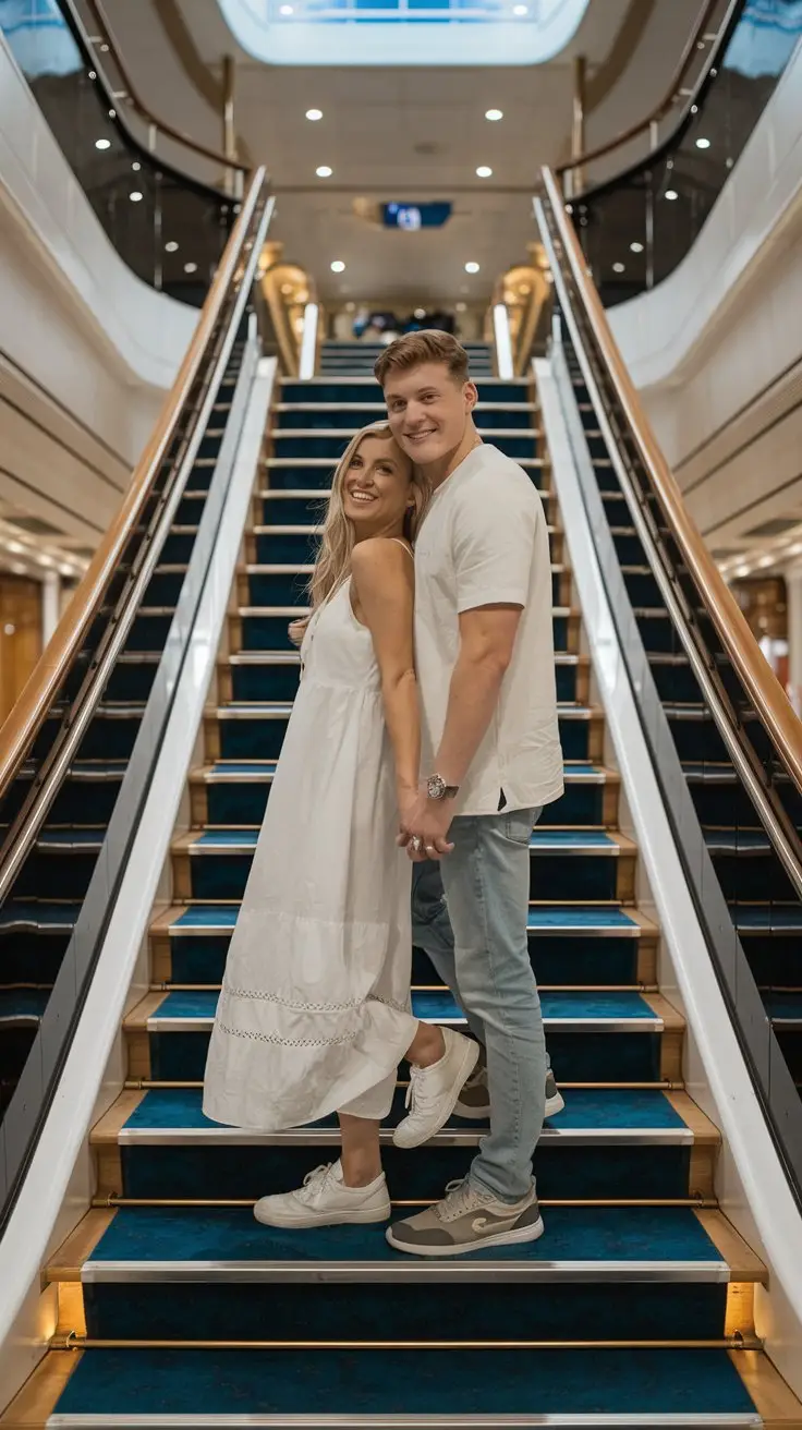 A photo of a young couple posing on the grand staircase of a cruise ship. The woman is wearing a white summer dress and sneakers, and the man is wearing casual jeans. They are holding hands and smiling. The background is the luxurious interior of the cruise ship.