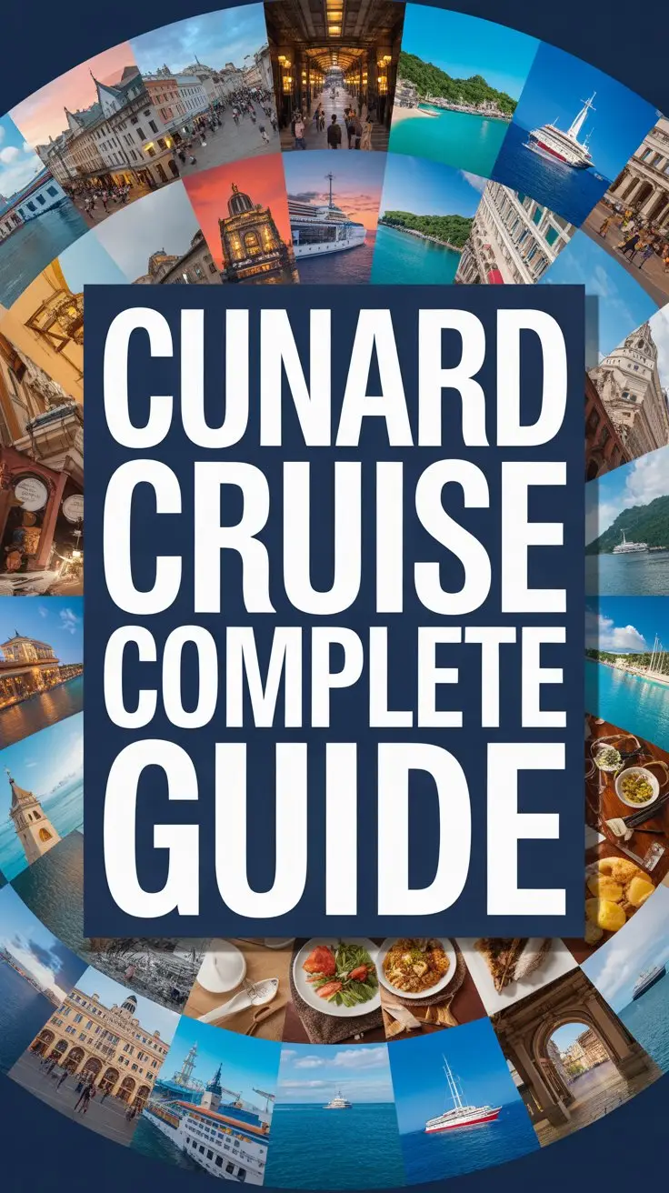 A striking conceptual advertisement for Cunard Cruise Line features a dynamic collage of vibrant, high-resolution images depicting diverse travel experiences: bustling European city squares, serene tropical beaches with turquoise water, historic landmarks, and delicious-looking local cuisine. Dominating the center of the collage is a bold, white box containing the text "Cunard Cruise Line Complete Guide" in thick, distinctive lettering designed to immediately capture attention. The overall composition uses a deep navy blue background to allow the collage and text to pop, creating a sophisticated and inviting aesthetic that hints at a world of exploration and luxury travel, with no imagery of a ship included.