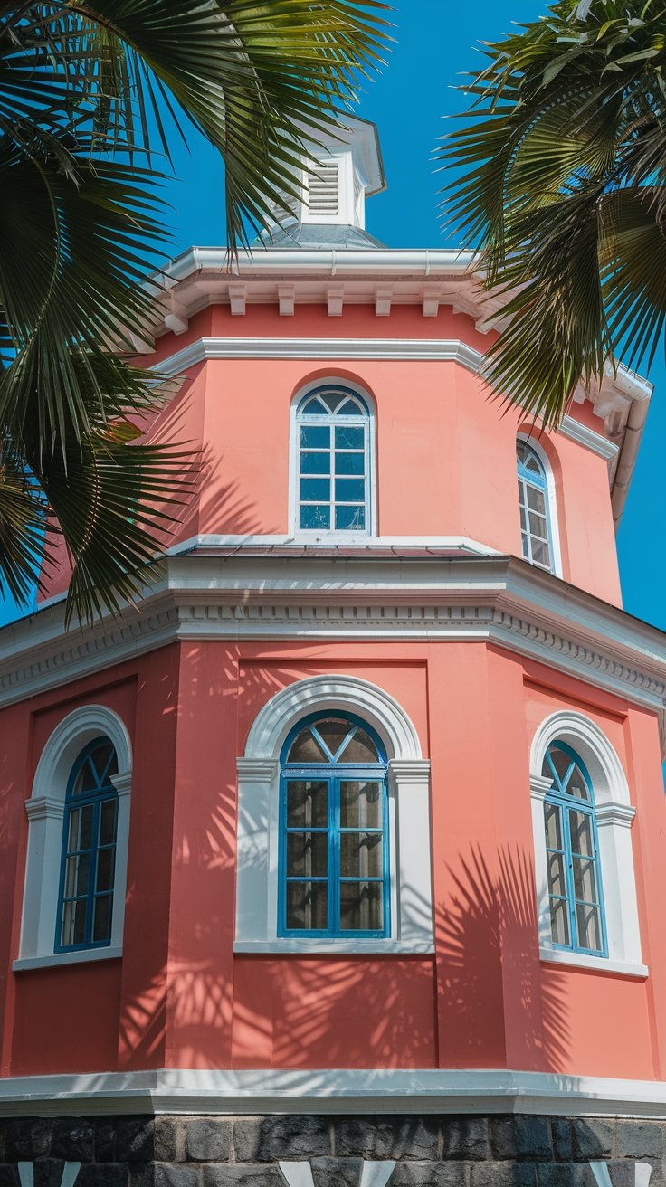 Octagonal pink Nassau Public Library building that formerly served as colonial jail