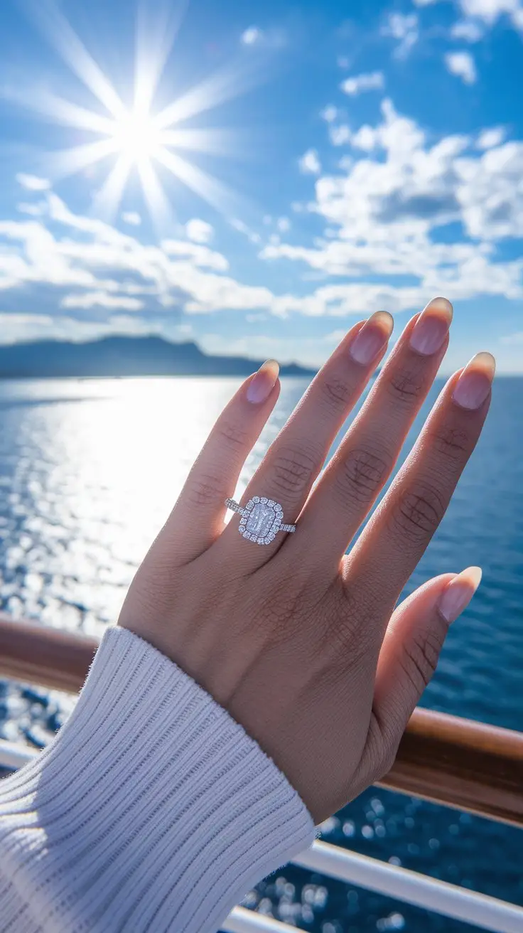 A close-up of a hand showing off a sparkling engagement ring on a cruise ship. Sunny day.